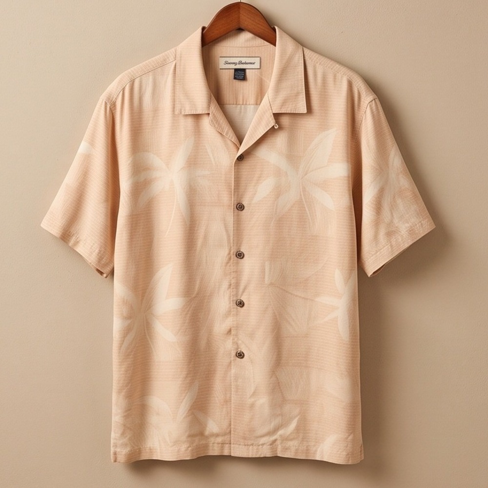 Tommy Bahama Mens Large Silk Camp Shirt Peach Palm Leaf Jacquard Short Sleeve
